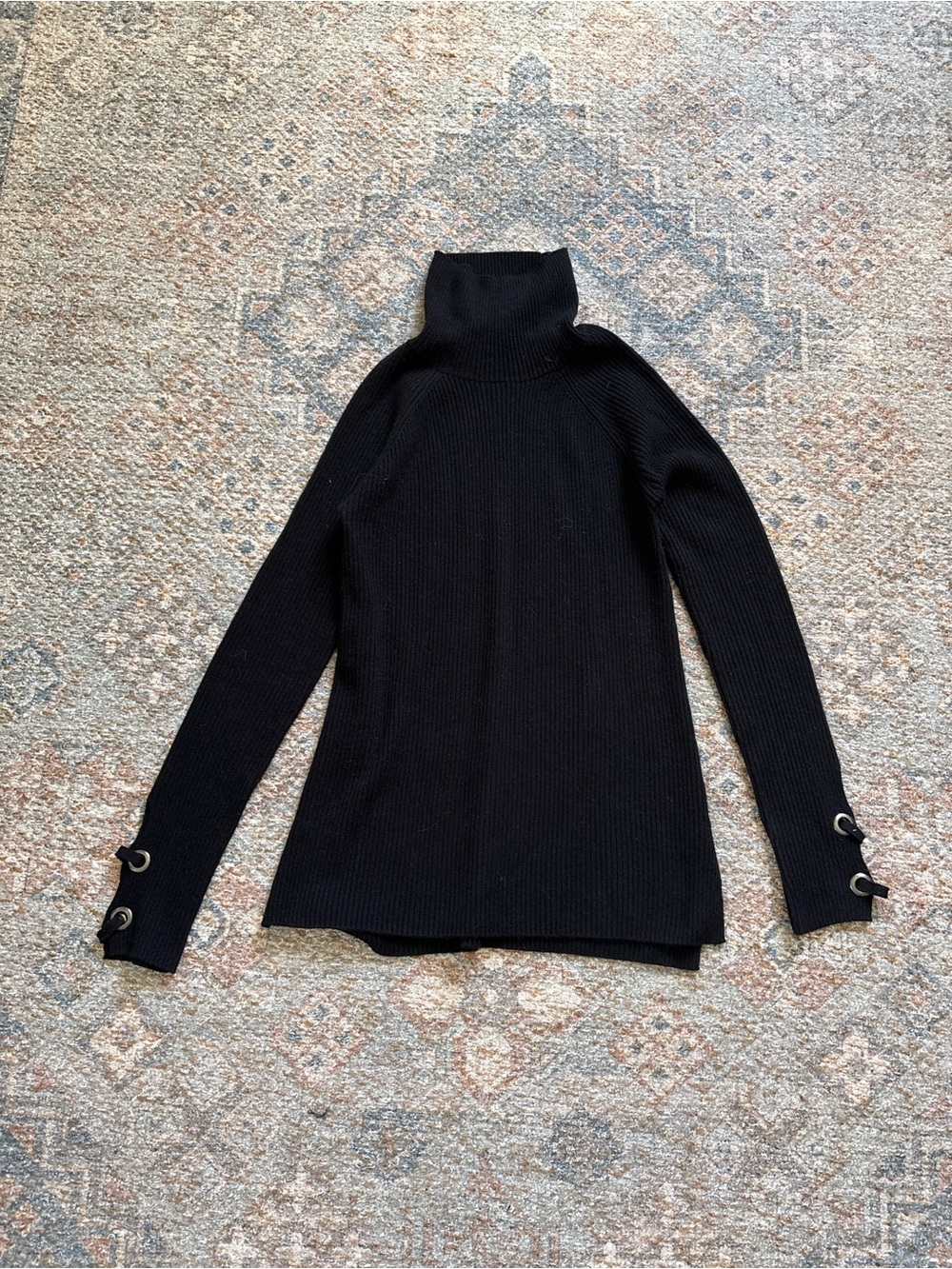 David Lerner Black Ribbed Turtleneck Sweater with Grommet Cuffs